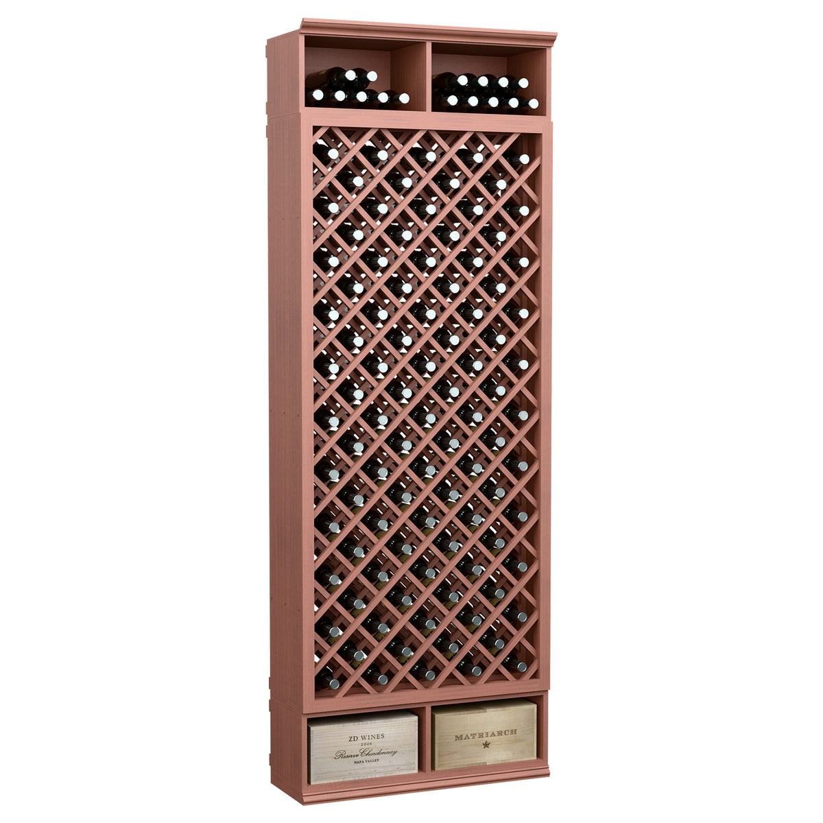 Wood-toned wine bottle storage bin with diamond lattice rack and bottle storage openings