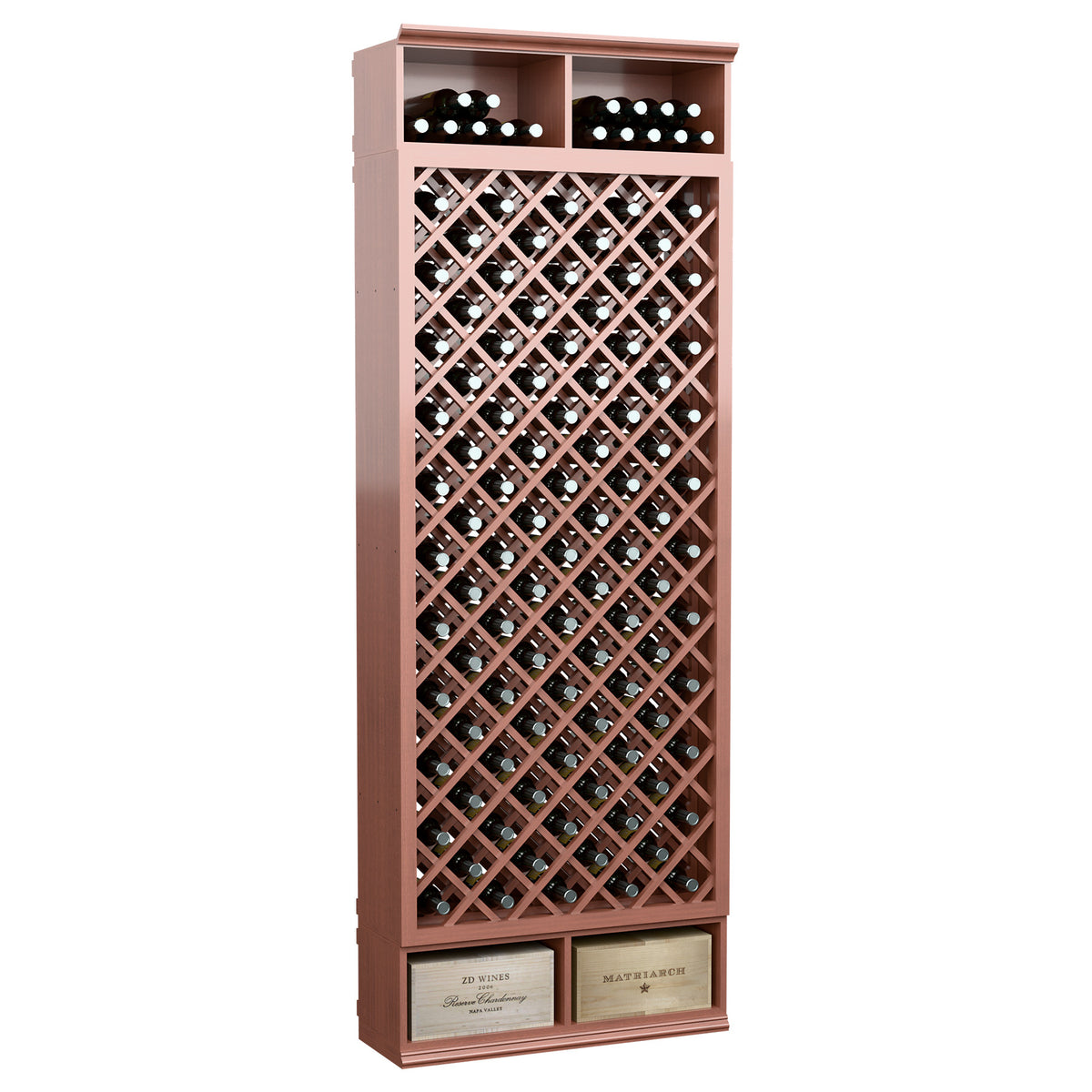 Brown wine bottle storage bin with diamond lattice rack and bottle crisscross supports