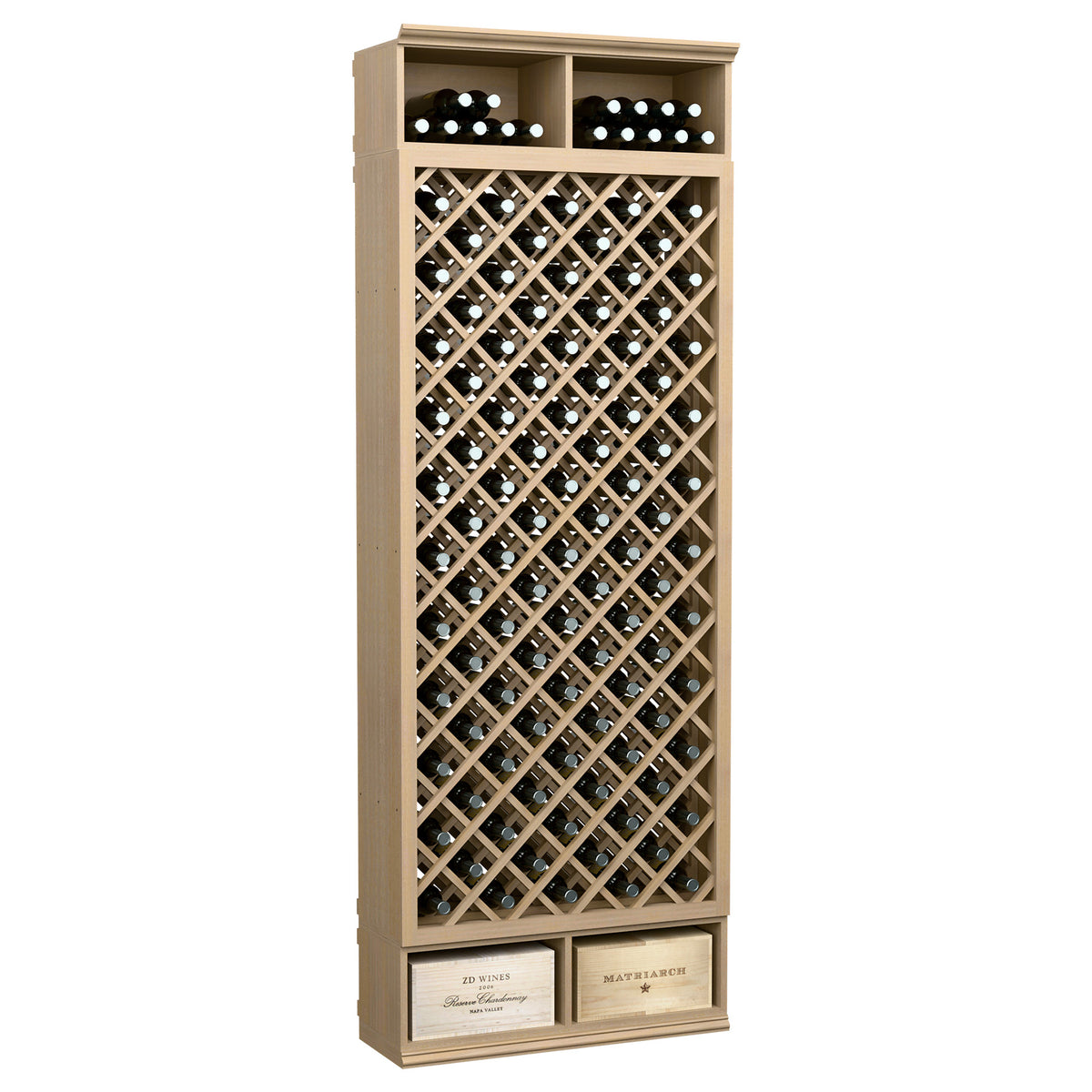 Light beige wine bottle storage bin with diamond lattice rack and top bottle storage