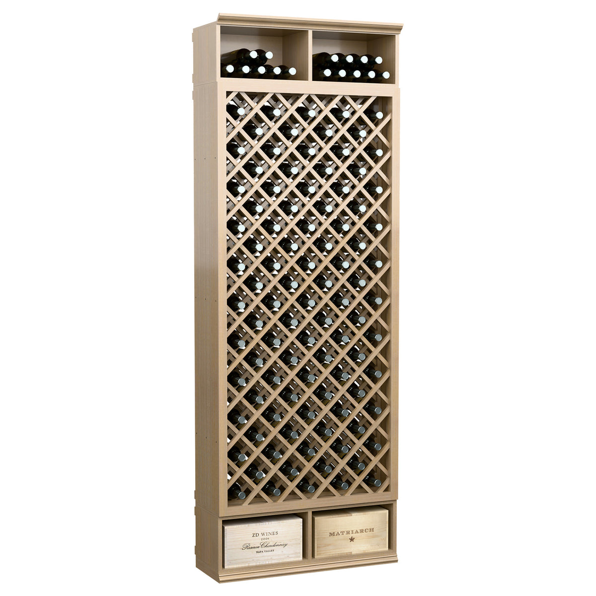 Light beige wine bottle storage bin with crisscross diamond lattice bottle holders