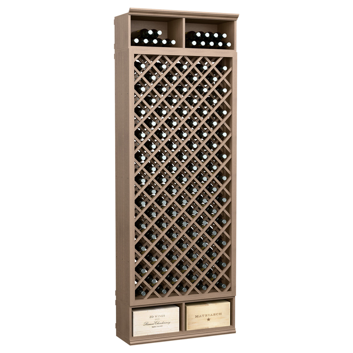 Tan wine bottle storage bin with diamond lattice rack and bottom wine label display