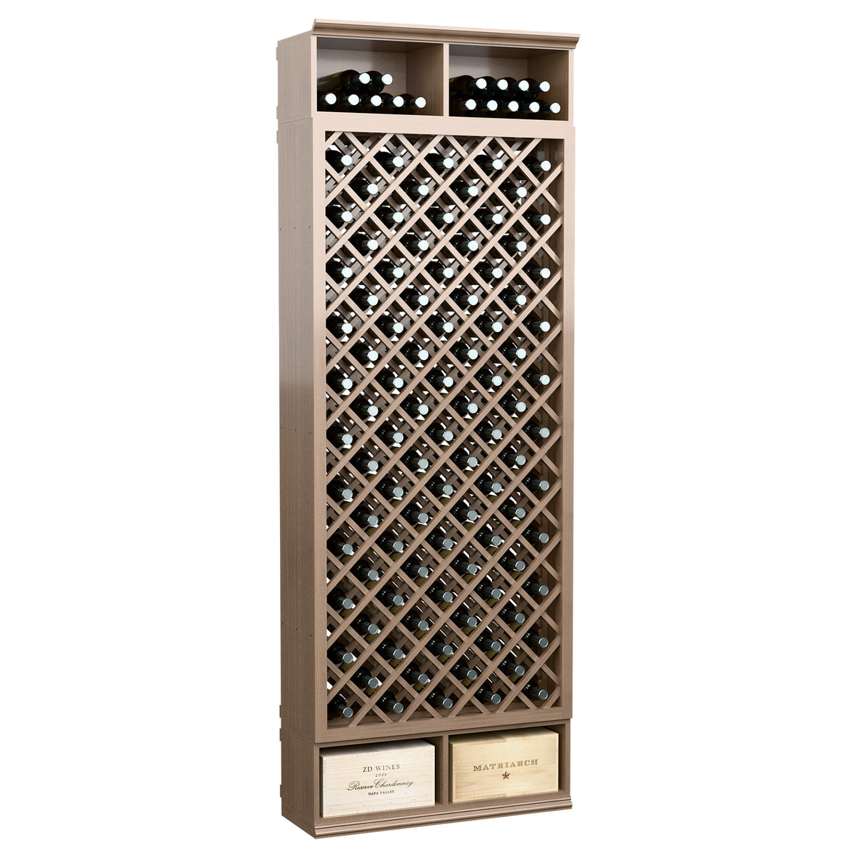 Warm tan wine bottle storage bin with diamond lattice bottle rack and top row openings