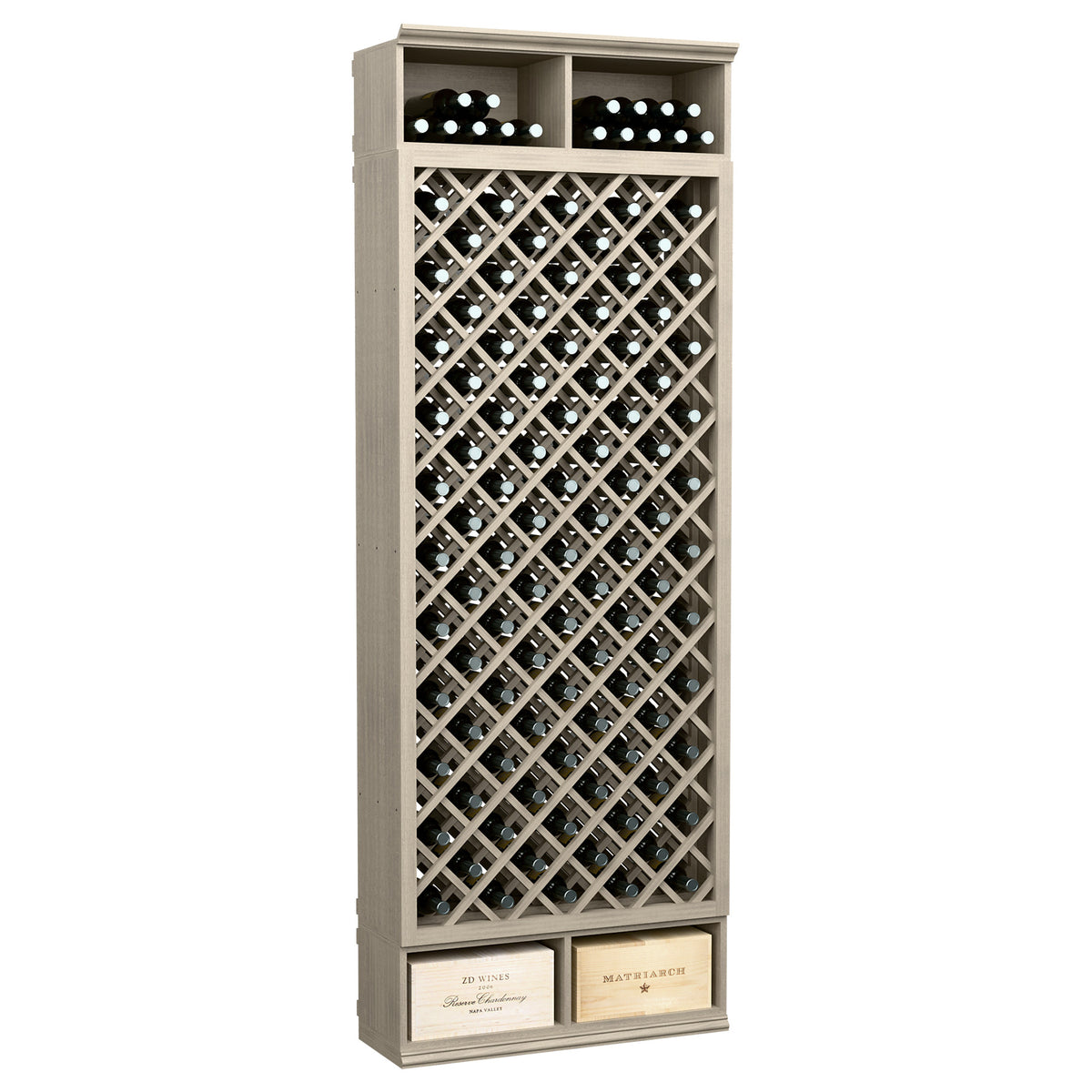 8FT wooden wine bottle rack with diamond lattice, bottle slots, gray finish