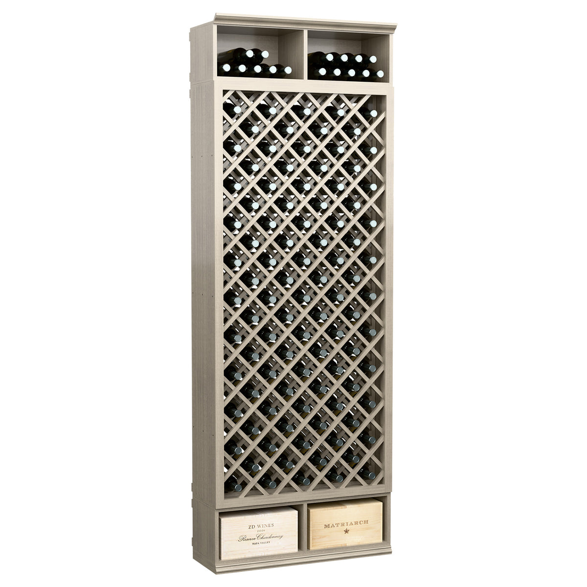 8FT wooden wine bottle rack with diamond lattice, bottle slots, gray painted finish