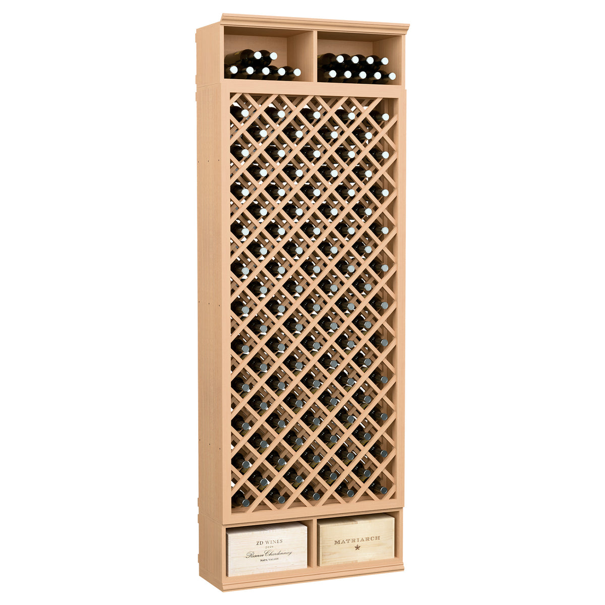 8FT wooden wine bottle rack with diamond lattice, bottle slots, natural wood finish