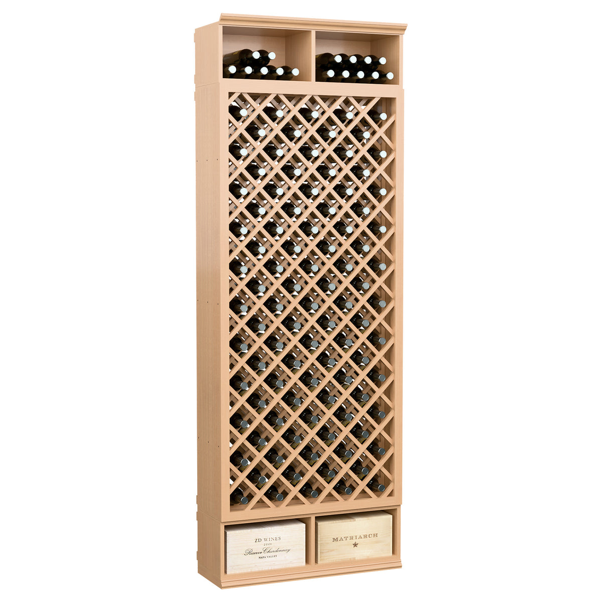 8FT wooden wine bottle rack with diamond lattice, bottle slots, natural wood finish
