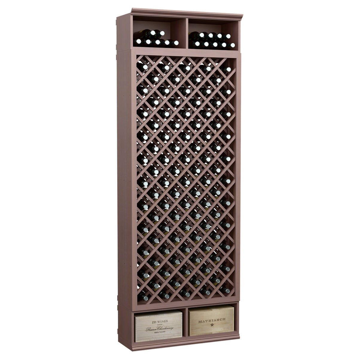 8FT wooden wine bottle rack with diamond lattice, bottle slots, dark brown finish