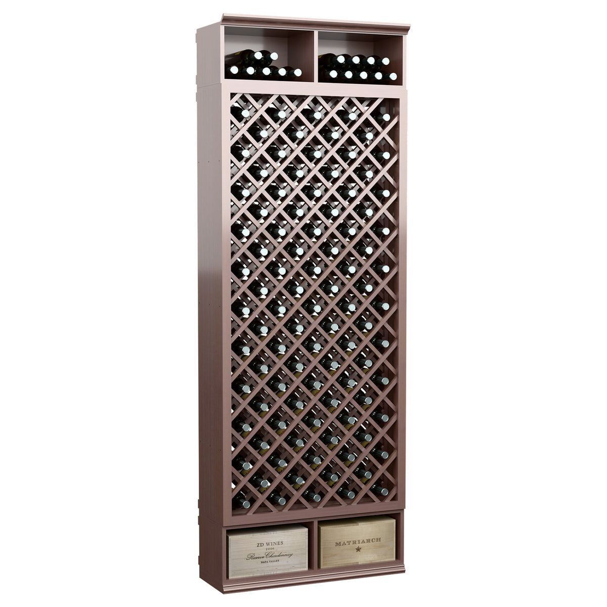 8FT wooden wine bottle rack with diamond lattice, bottle slots, dark brown finish