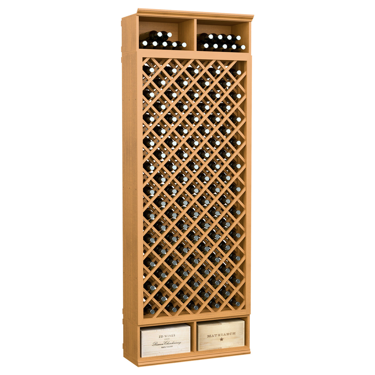 8FT wooden wine bottle rack with diamond lattice, bottle slots, light natural wood finish