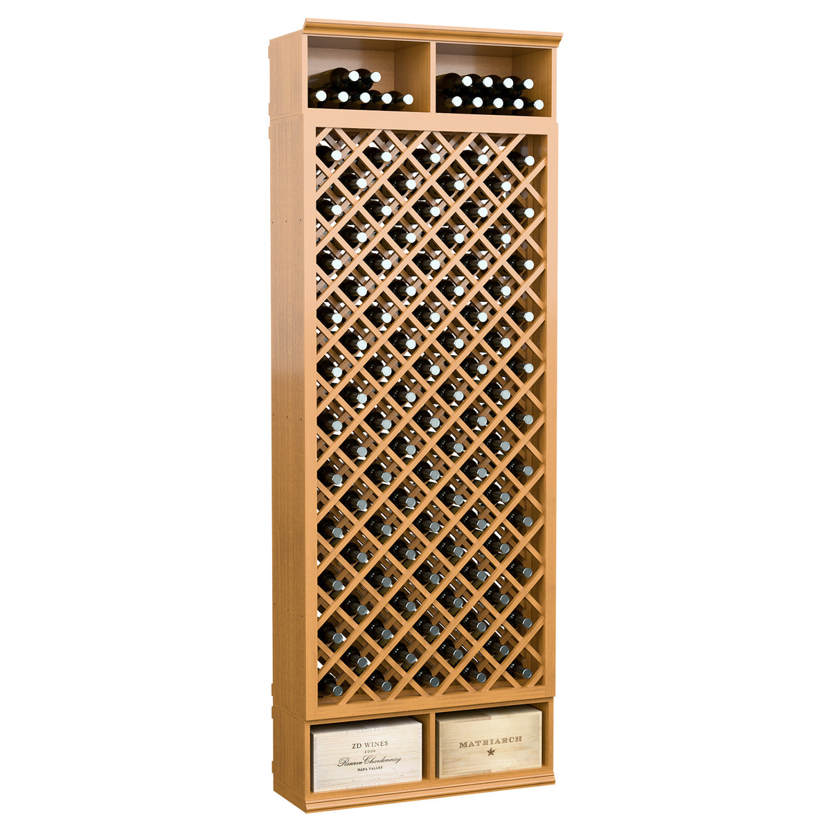 8FT wooden wine bottle rack with diamond lattice, bottle slots, light natural wood finish