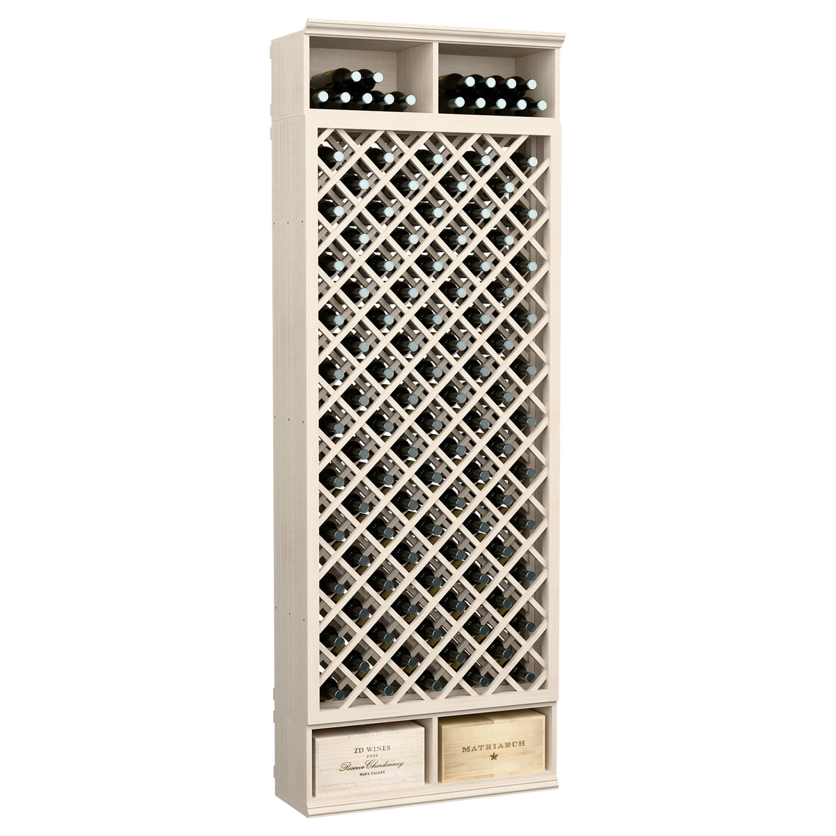 8FT wooden wine bottle rack with diamond lattice, bottle slots, light gray finish