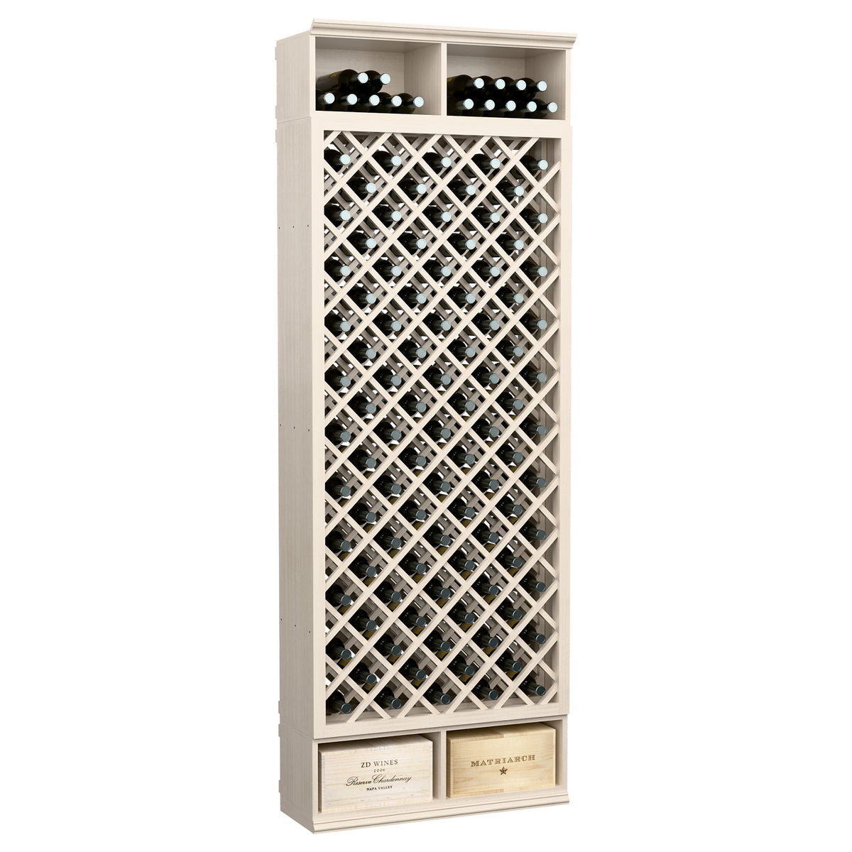8FT wooden wine bottle rack with diamond lattice, bottle slots, light gray painted finish
