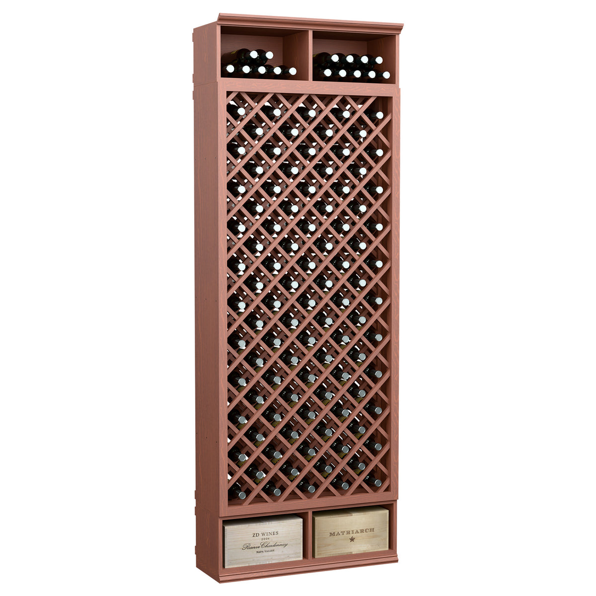 Rust red 8FT wine bottle storage cabinet with diamond lattice and top bottle rows