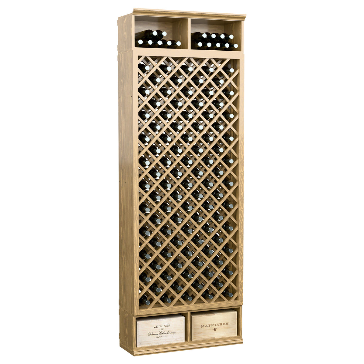 Wheat-toned 8FT wine bottle storage cabinet with diamond lattice and top bottle rows
