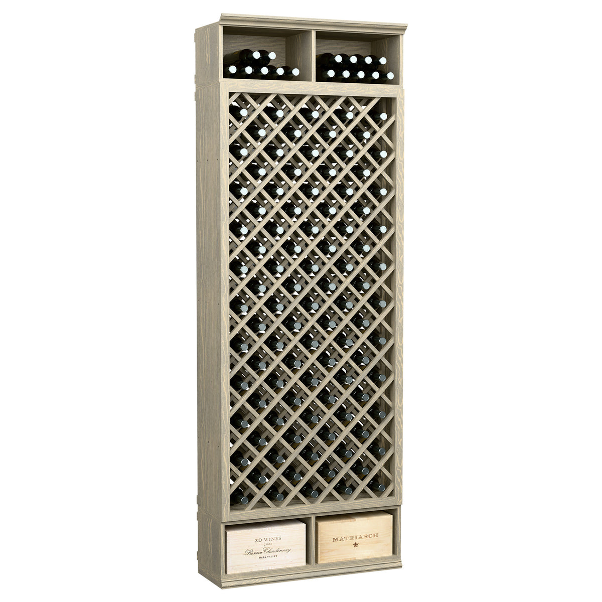 8-ft wooden wine bottle rack in light gray/white with diamond lattice panels