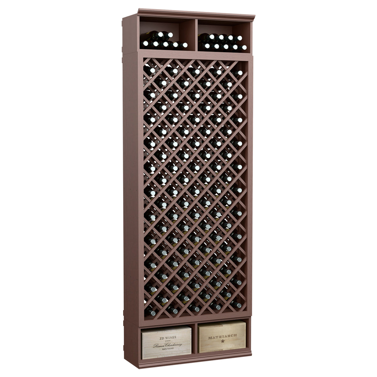 8-ft wooden wine bottle rack in dark brown with diamond lattice bottle holders