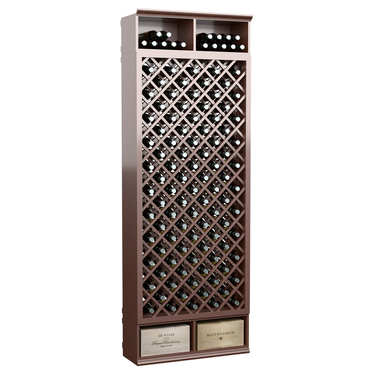 8-ft wine bottle rack in dark brown with diamond grid and top bottle openings