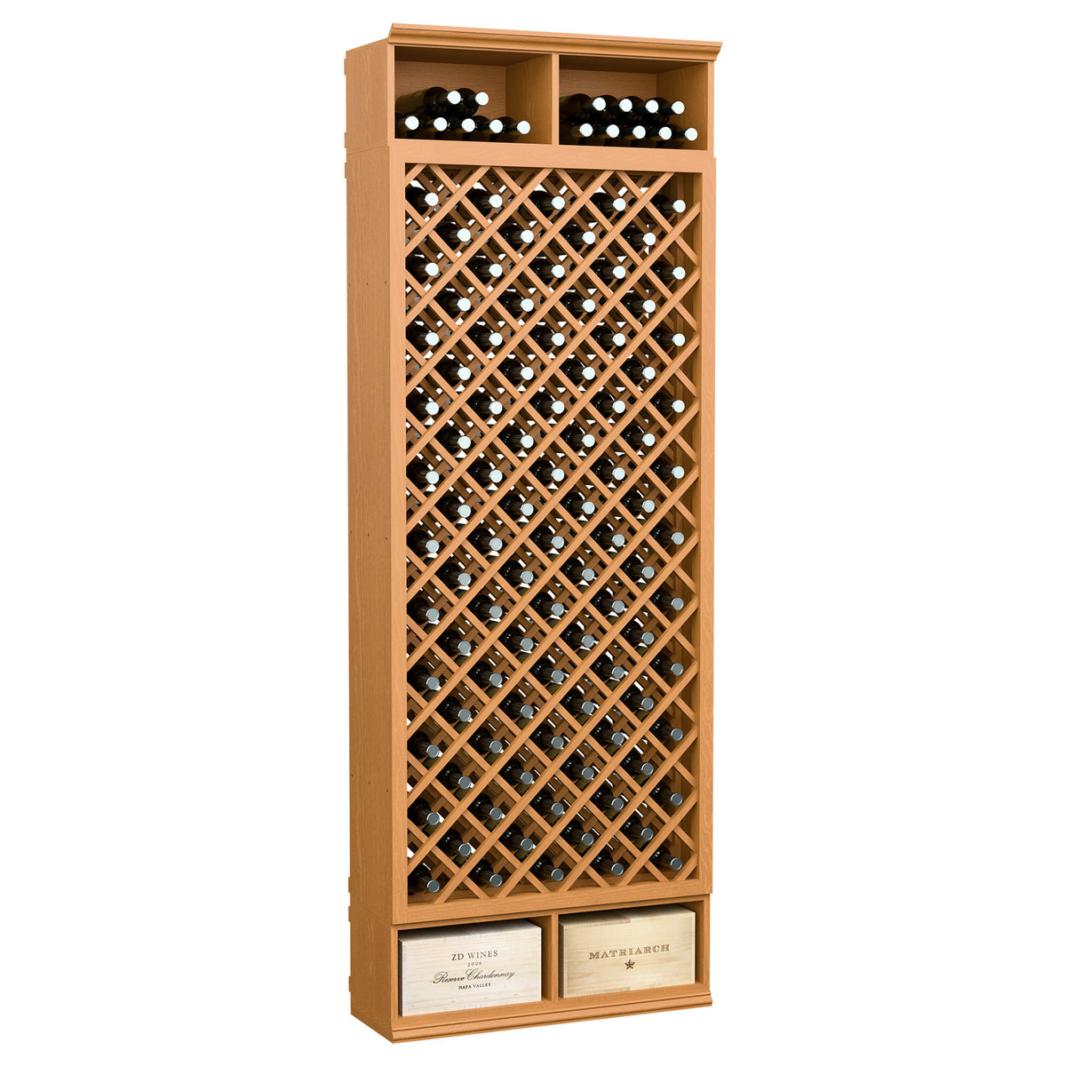 8-ft wooden wine bottle rack in light natural wood with diamond lattice storage