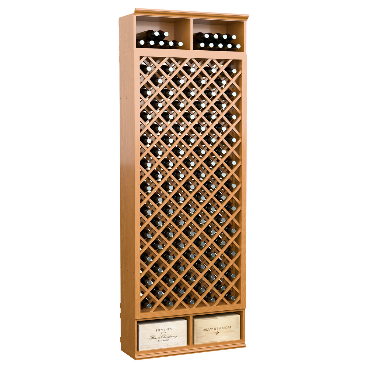 8-ft wine bottle rack in light natural wood with crisscross diamond bottle grid