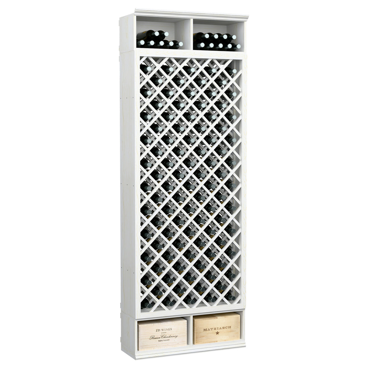 8-ft wooden wine bottle rack in white with diamond lattice panels for bottles
