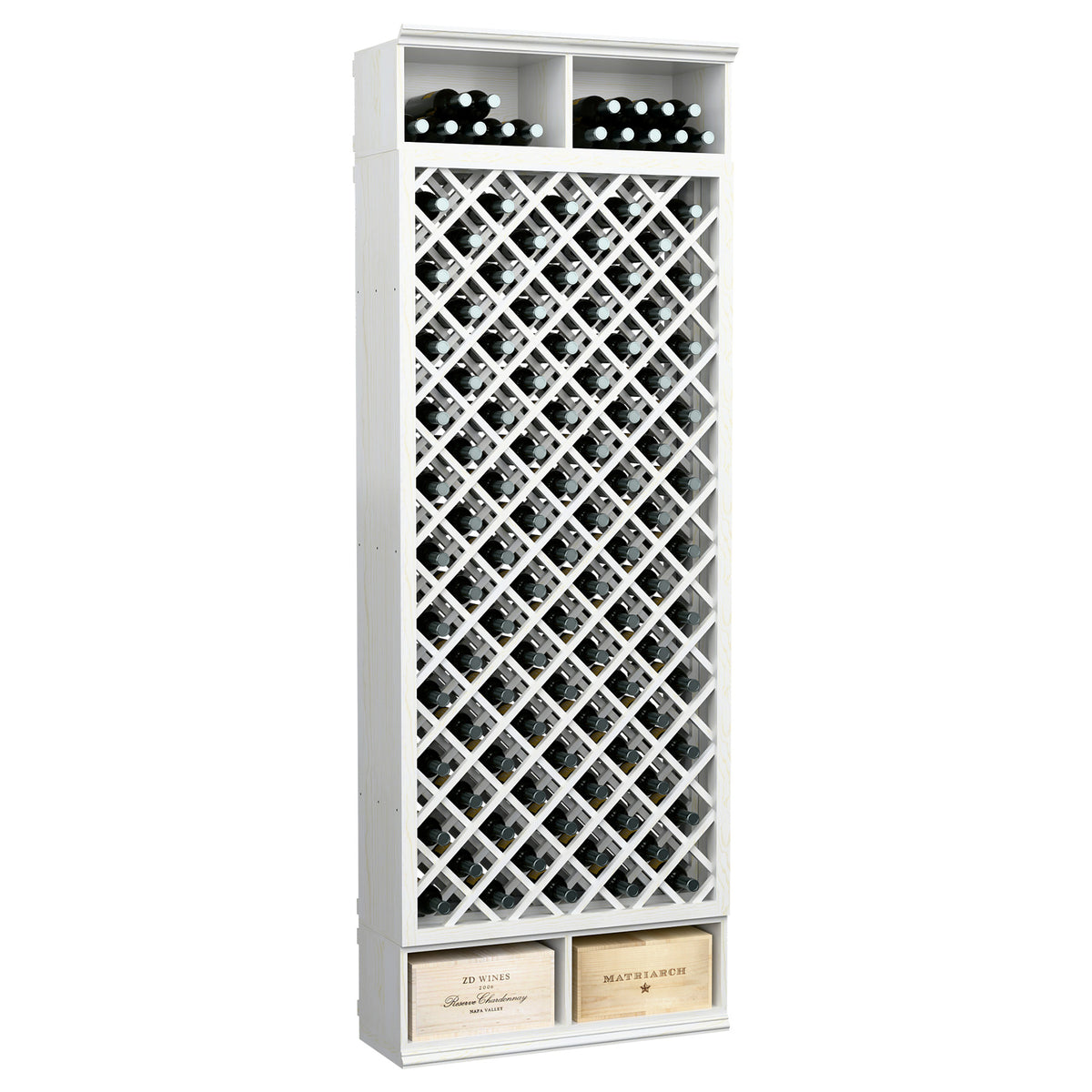 8-ft wine bottle rack in white featuring diamond-pattern bottle storage and top openings