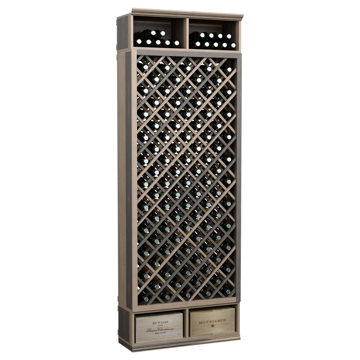 8ft wine bottle diamond wine bin with gray frame and diamond bottle lattice front