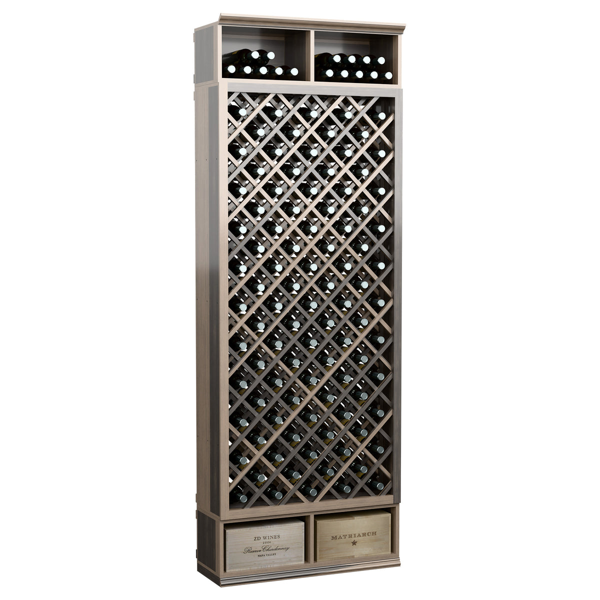 8ft wine bottle diamond wine bin with gray frame, top bottle rows, and crisscross lattice