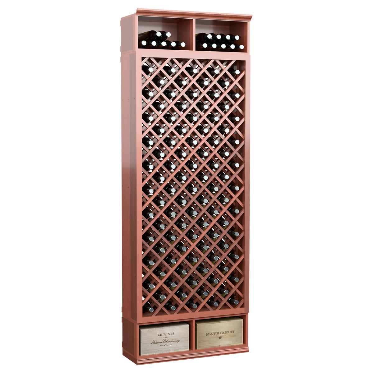 8ft wine bottle diamond wine bin with red-brown frame, top bottle rows, and diamond lattice