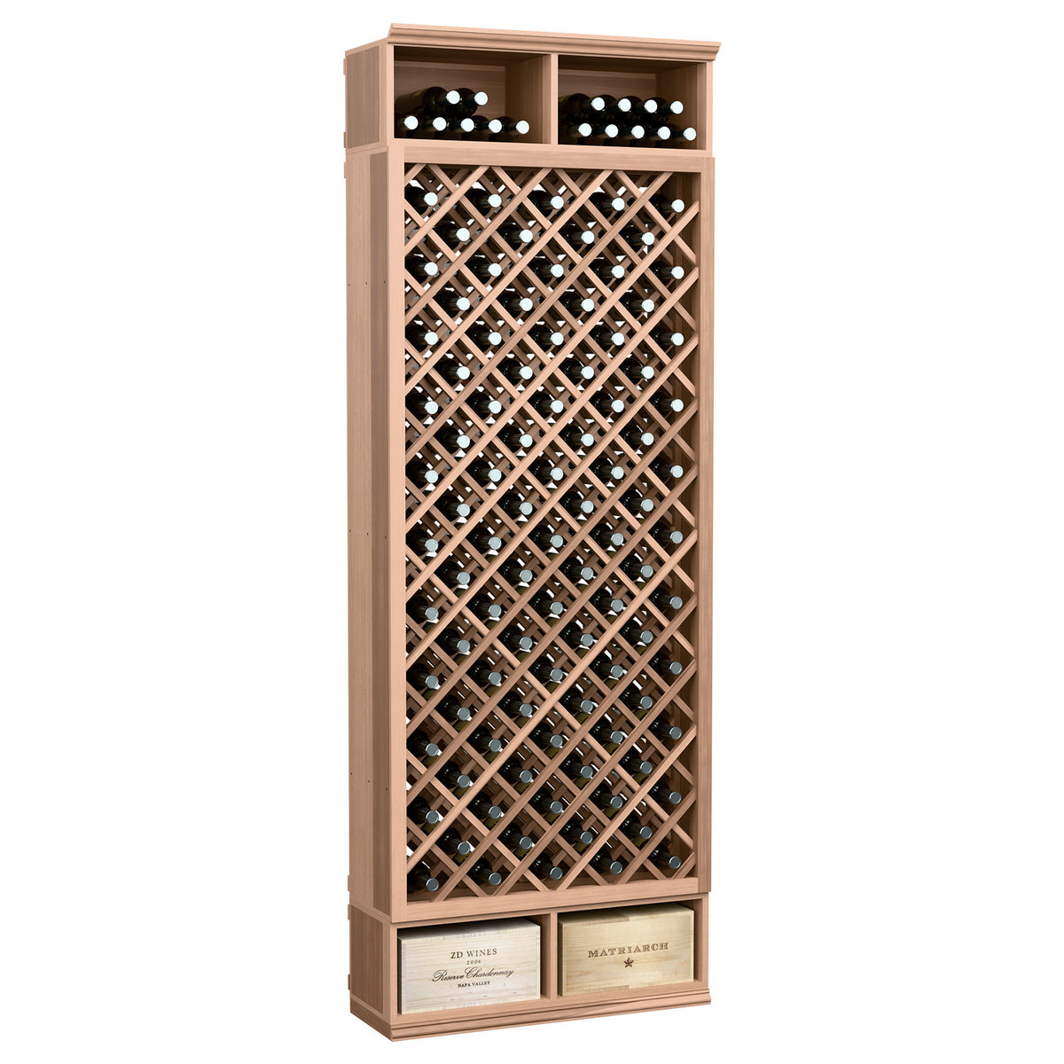 8ft wine bottle diamond wine bin with natural wood frame and diamond bottle lattice front