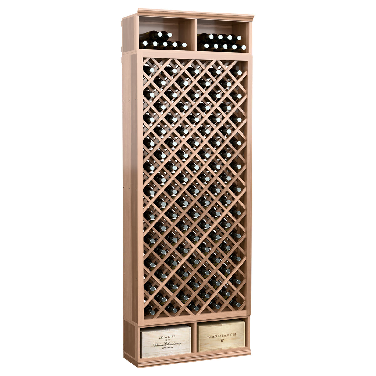 8ft wine bottle diamond wine bin with natural wood frame and crisscross diamond bottle grid