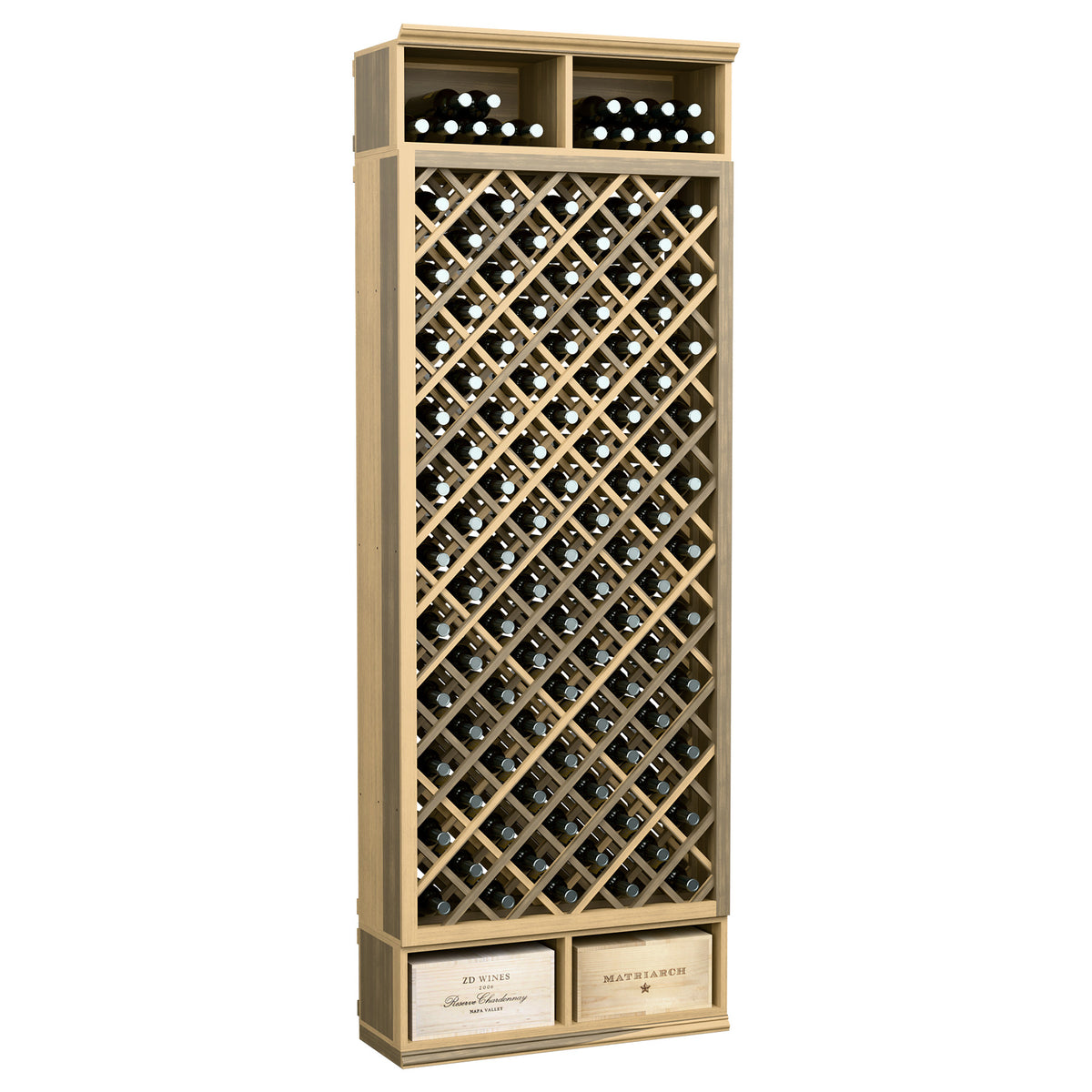 8ft wine bottle diamond wine bin with light tan frame and diamond bottle lattice front