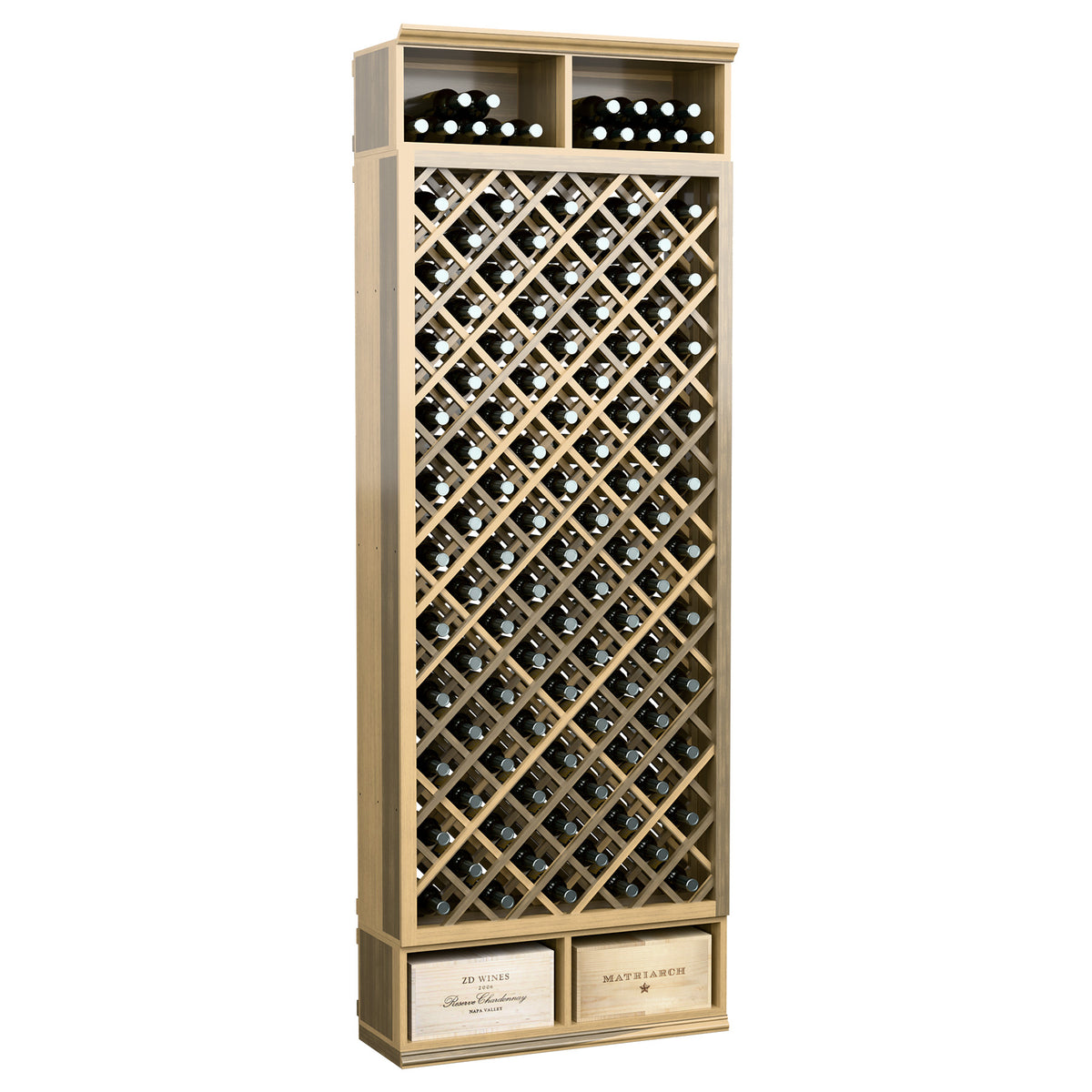 8ft wine bottle diamond wine bin with light tan frame, top rows of bottles, diamond grid