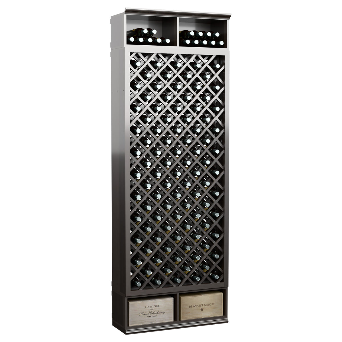 8ft wine bottle diamond wine bin with dark charcoal frame and crisscross diamond bottle grid