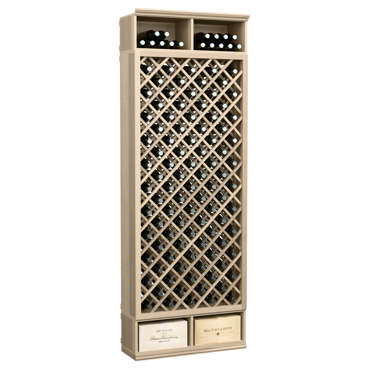 Tall wine bottle storage rack with diamond lattice front and gray wood frame