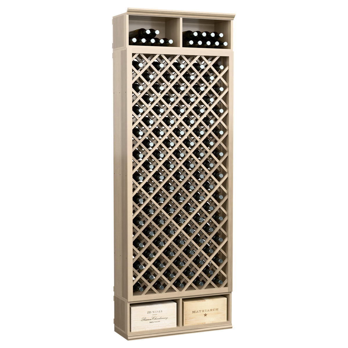 Tall wine bottle storage rack with diamond lattice front and light gray wood frame