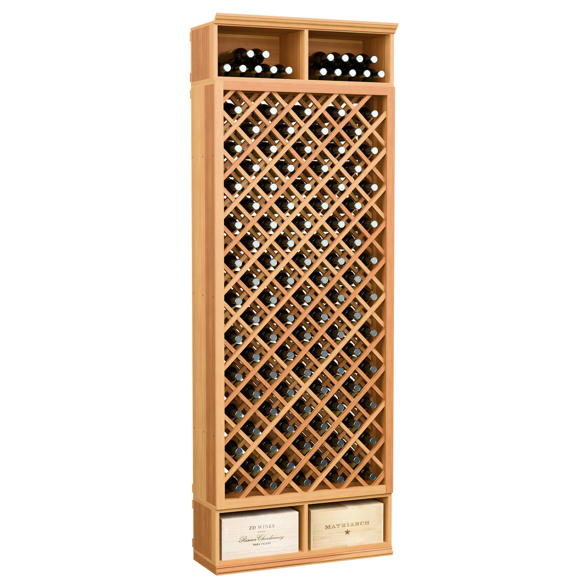 Tall wine bottle storage rack with diamond lattice front and natural wood finish