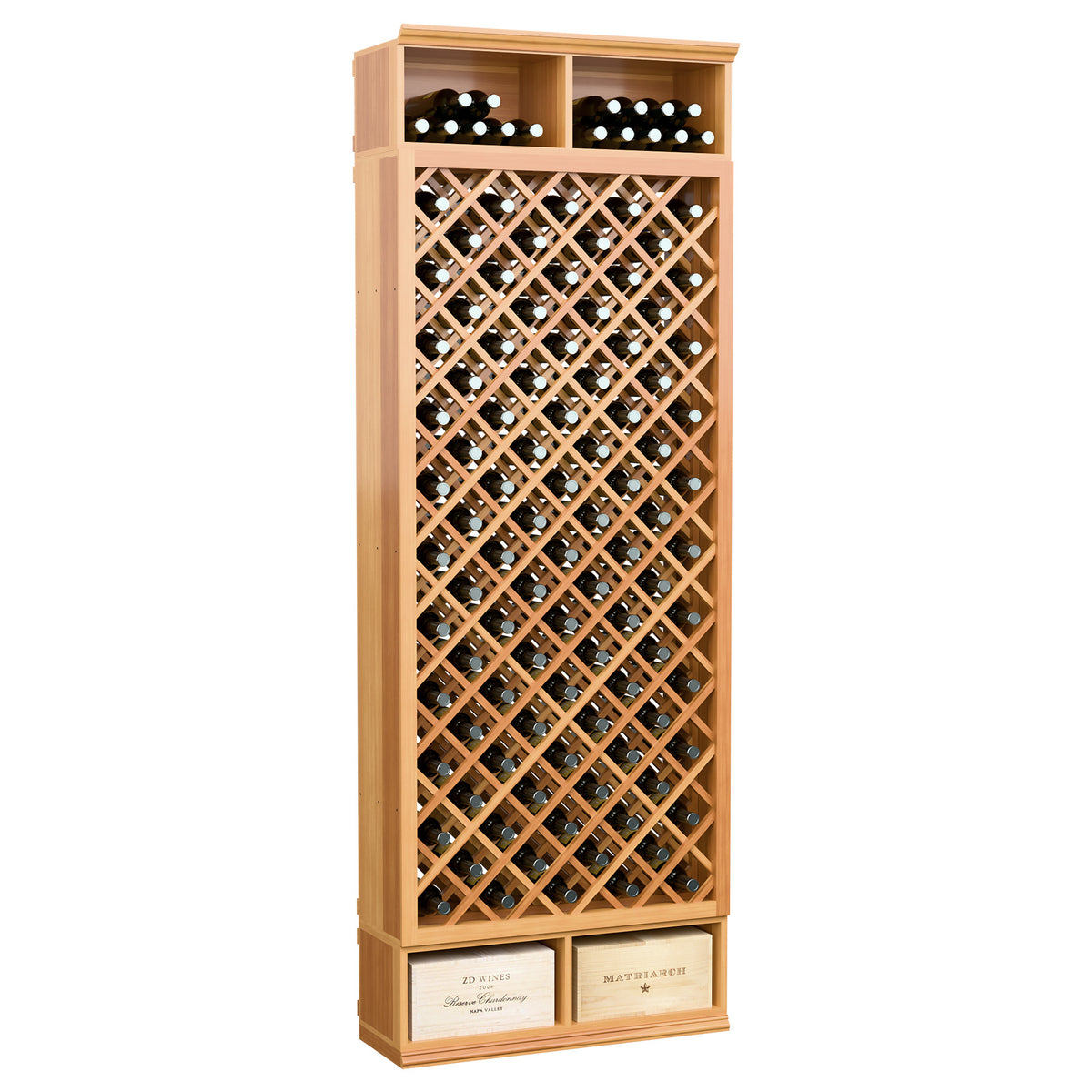 Tall wine bottle storage rack with diamond lattice front and warm light wood finish