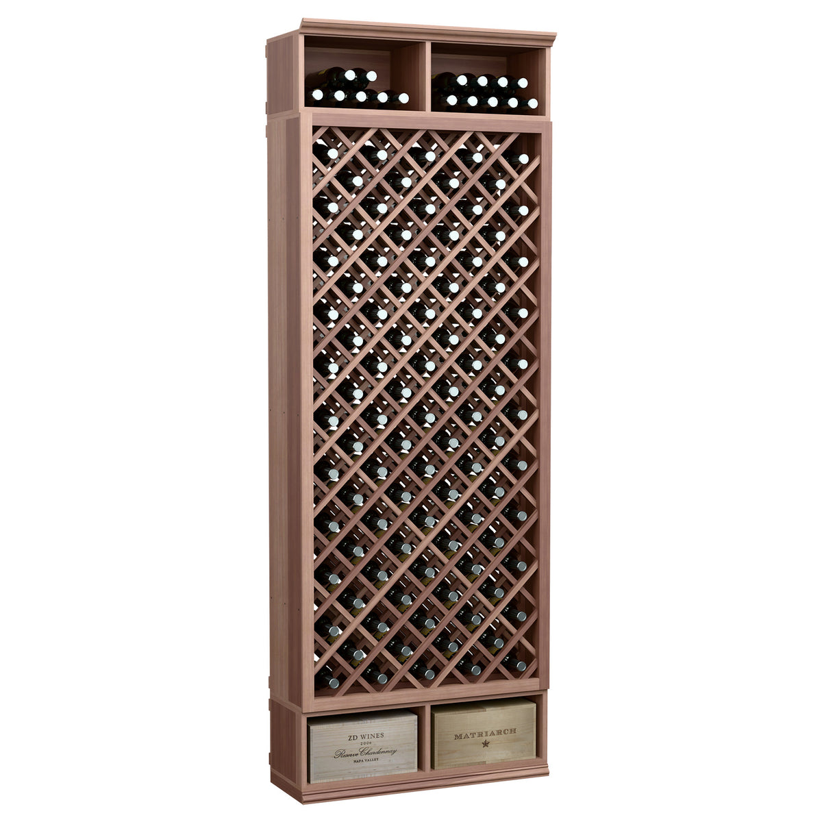 Tall wine bottle storage rack with diamond lattice front and dark walnut wood finish