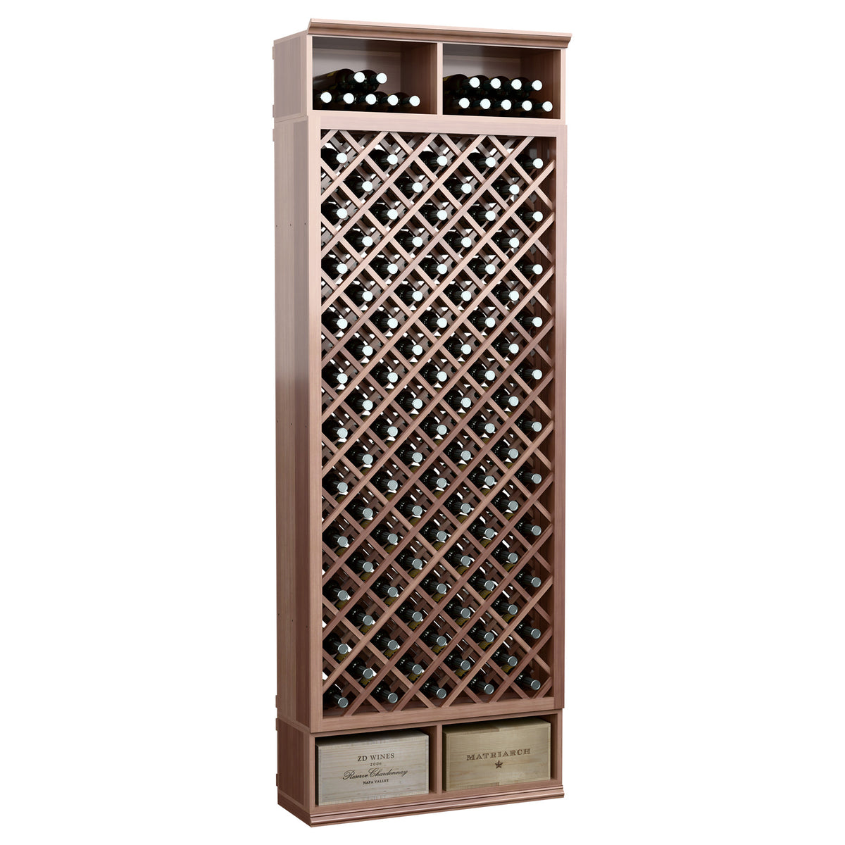 Tall wine bottle storage rack with diamond lattice front and deep brown stained wood