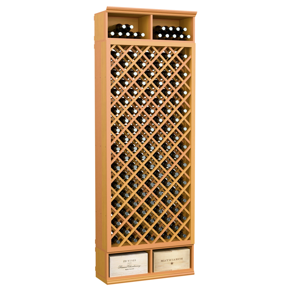 Tall wine bottle storage rack with diamond lattice front and golden wood finish