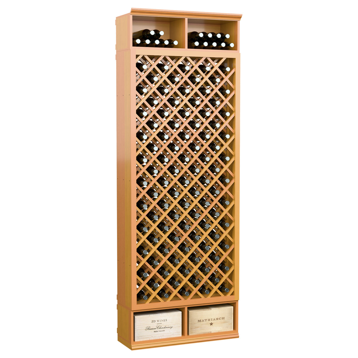 Tall wine bottle storage rack with diamond lattice front and light amber wood finish