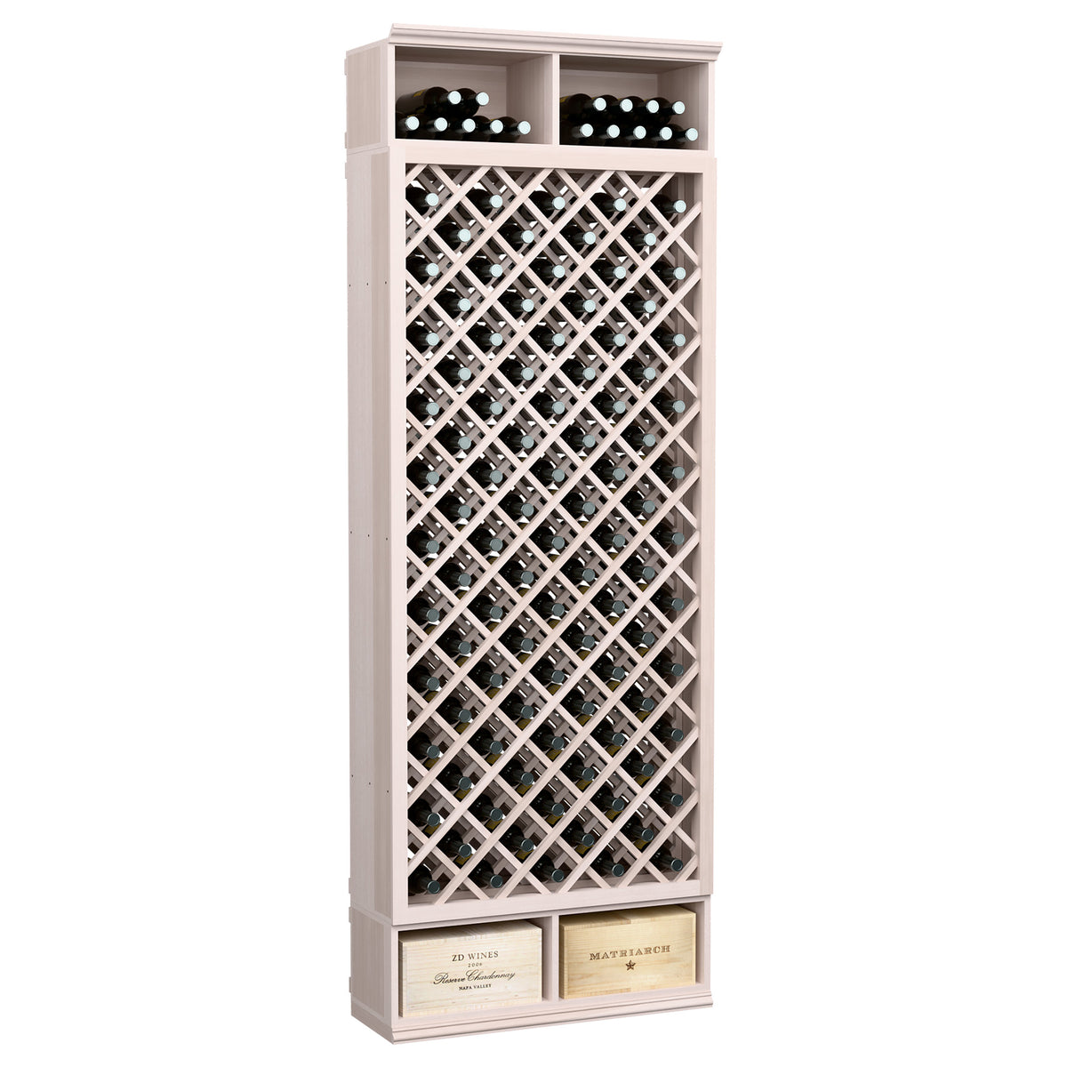 Tall wine bottle storage rack with diamond lattice front and whitewashed gray finish