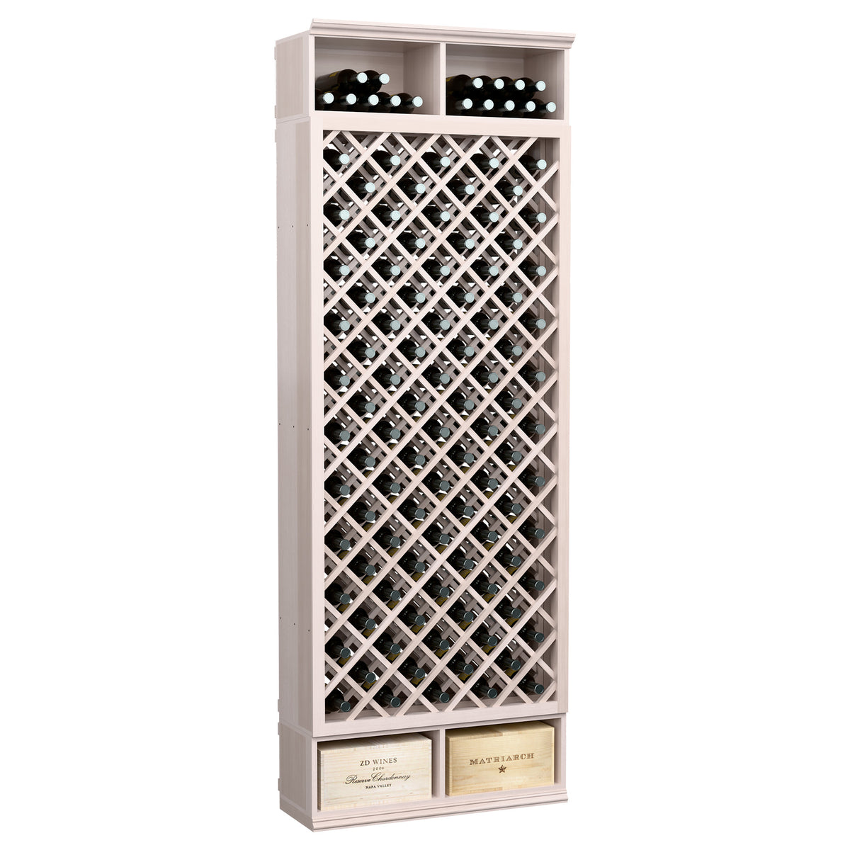 Tall wine bottle storage rack with diamond lattice front and muted gray wood frame