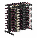 Double-sided wine bottle display rack, black metal frame with rows of bottles.