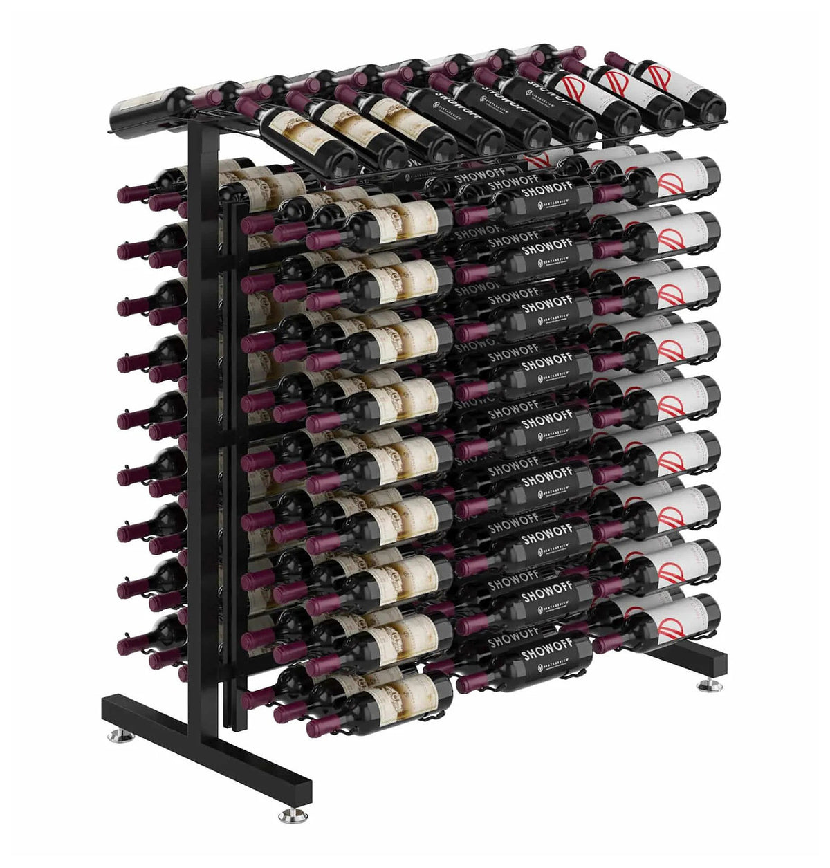 Double-sided wine bottle display rack, black metal frame with rows of bottles.