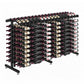 Double-sided wine bottle display rack with silver metal frame and multiple bottle rows.