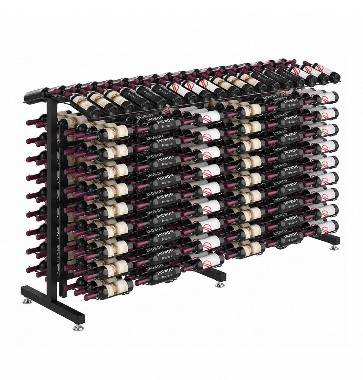 Double-sided wine bottle display rack with silver metal frame and multiple bottle rows.