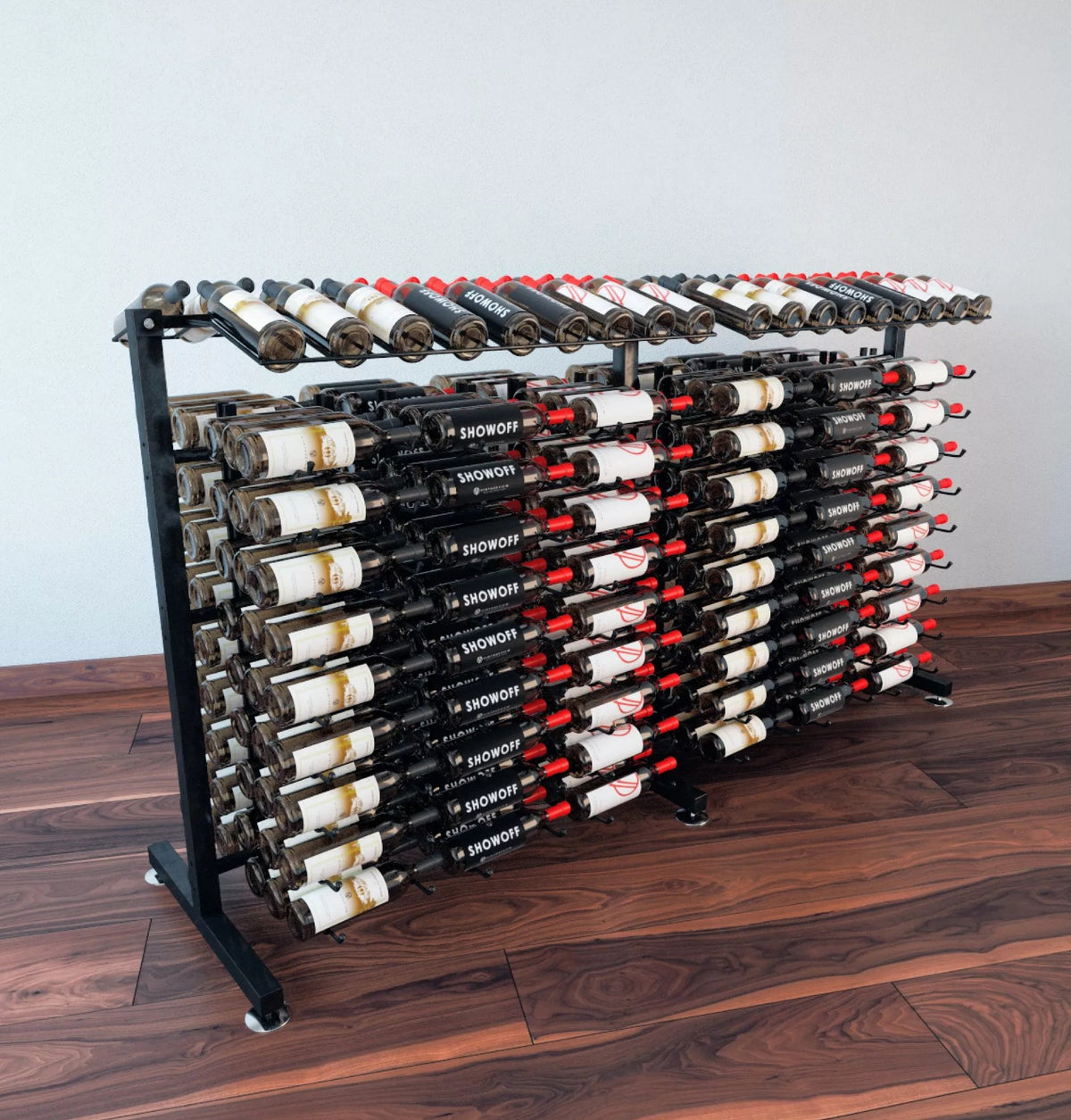 Double-sided wine bottle display rack with black frame and bottle holders on both sides.
