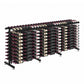 Double-sided wine bottle display rack with black metal frame and bottle rows on both sides.
