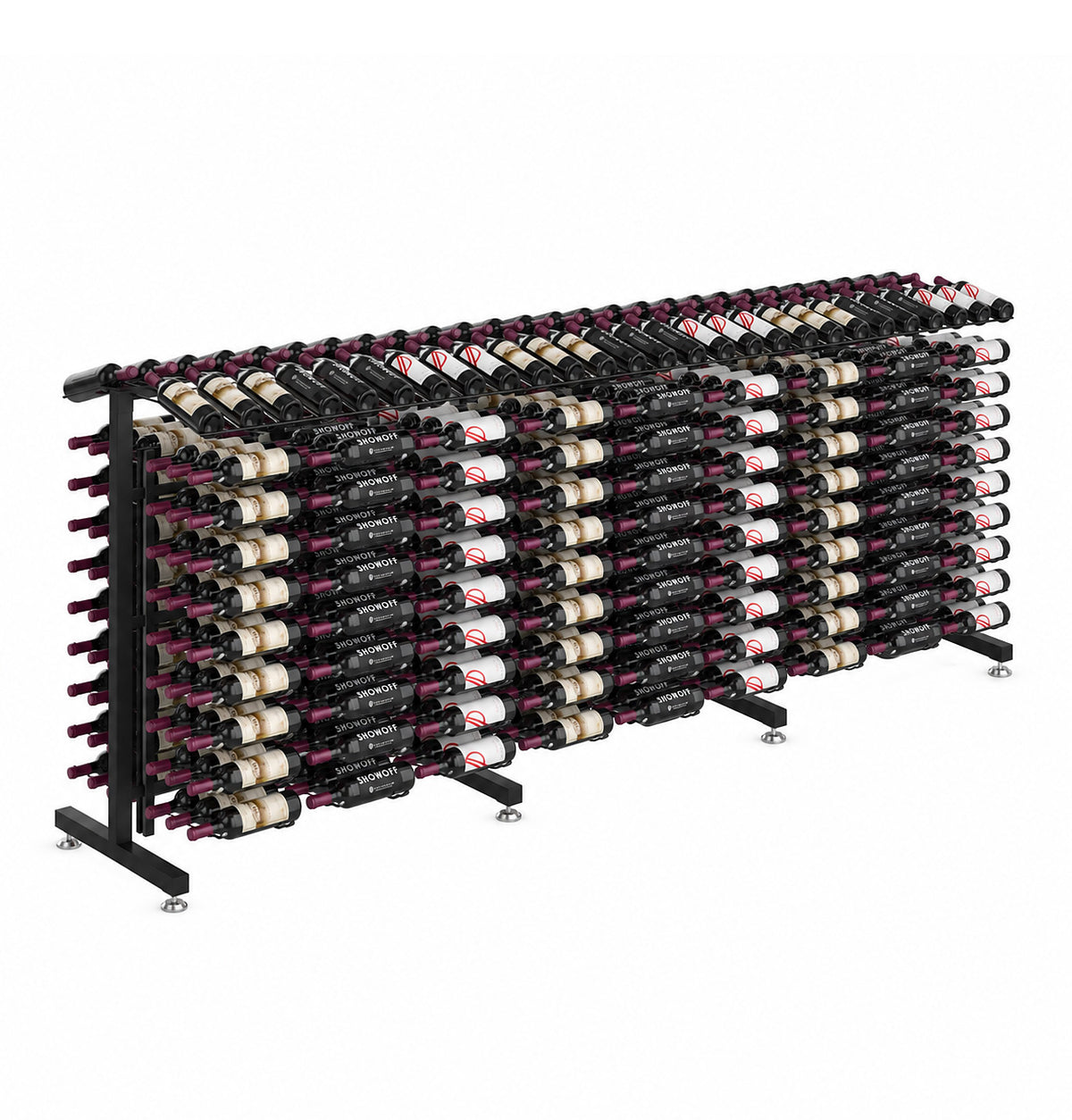 Double-sided wine bottle display rack with black metal frame and bottle rows on both sides.